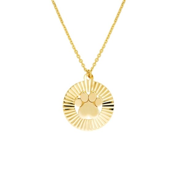 14K Solid Gold Paw Print In Radiant Disk Pendant Necklace